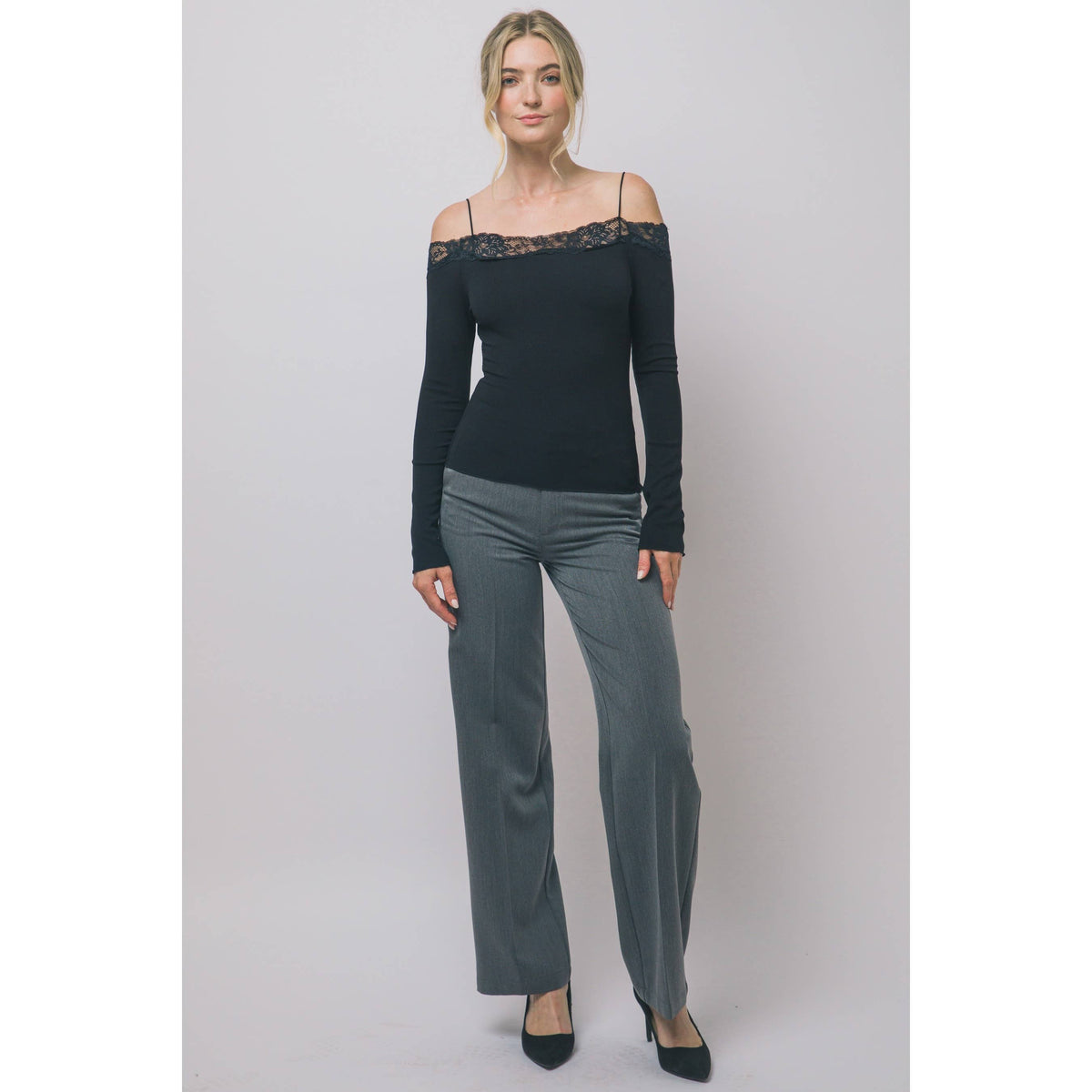 Lace-Trim Off-The-Shoulder Long-Sleeve Top: BLACK