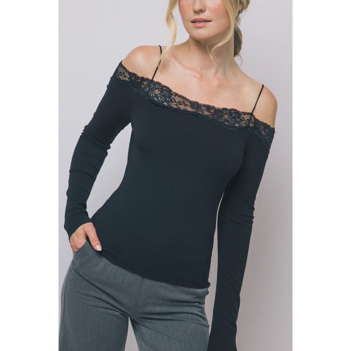 Lace-Trim Off-The-Shoulder Long-Sleeve Top: BLACK
