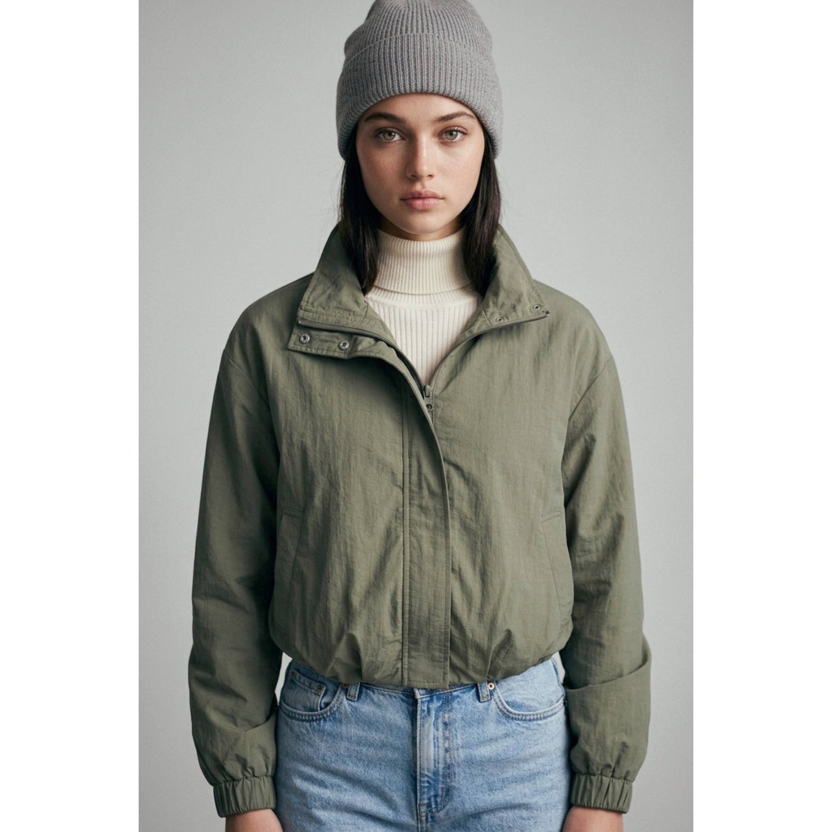 Cropped Nylon Windbreaker Jacket