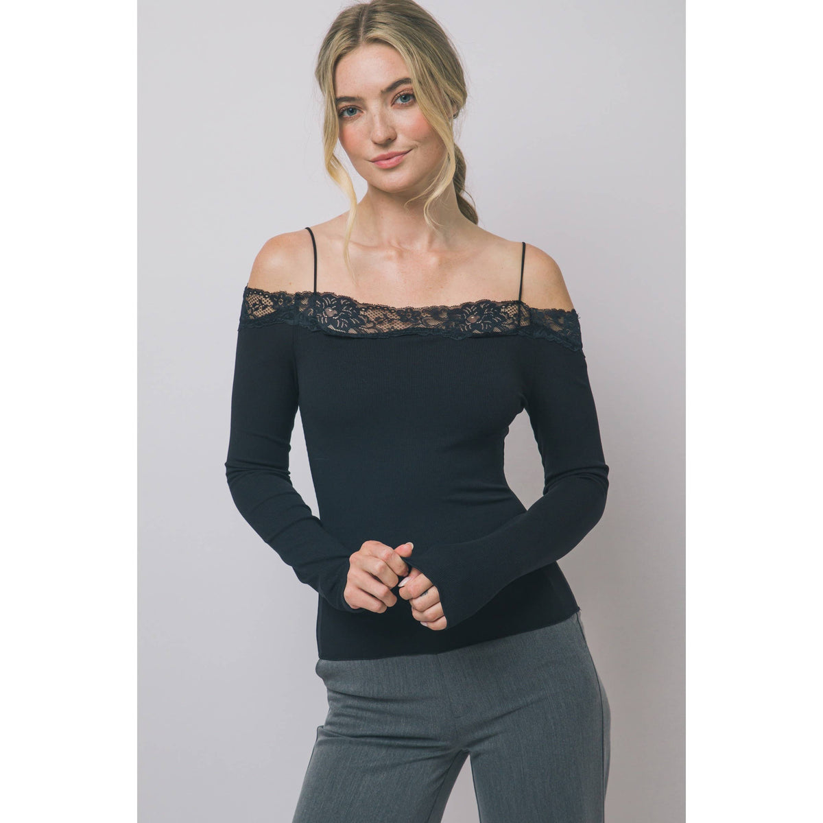 Lace-Trim Off-The-Shoulder Long-Sleeve Top: BLACK