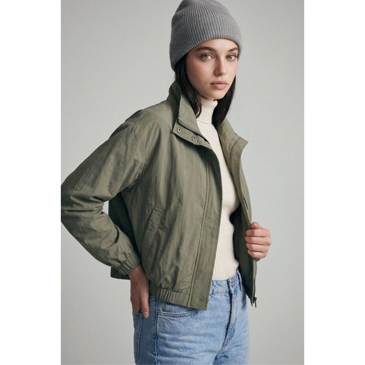 Cropped Nylon Windbreaker Jacket