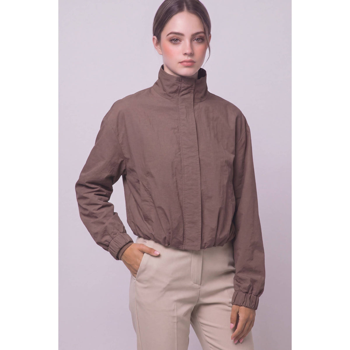 Cropped Nylon Windbreaker Jacket