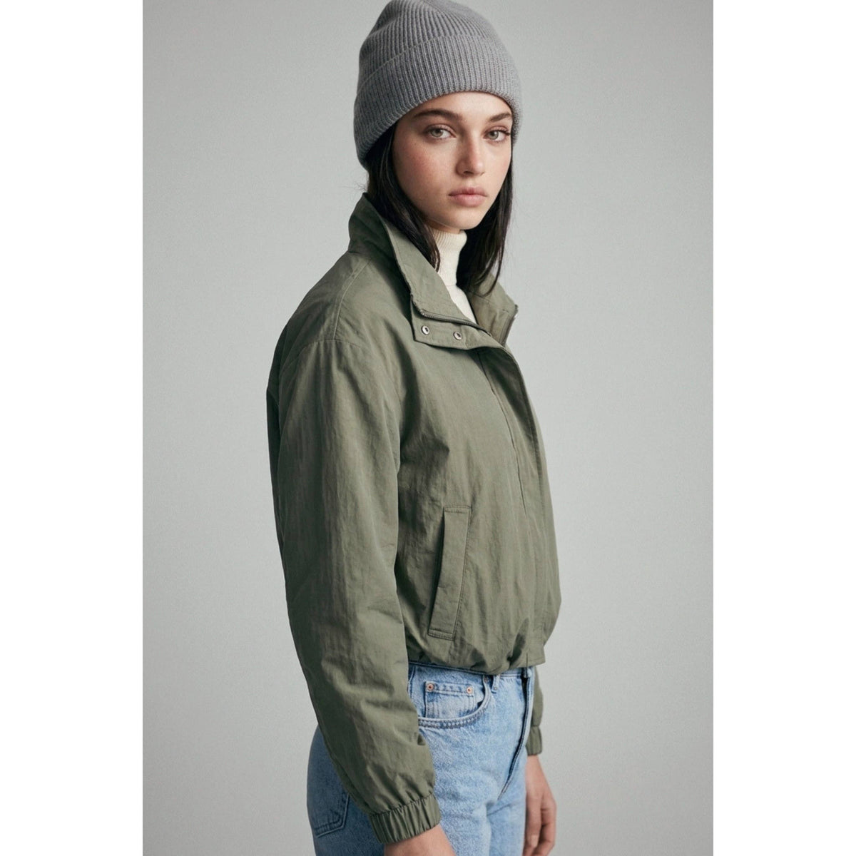 Cropped Nylon Windbreaker Jacket