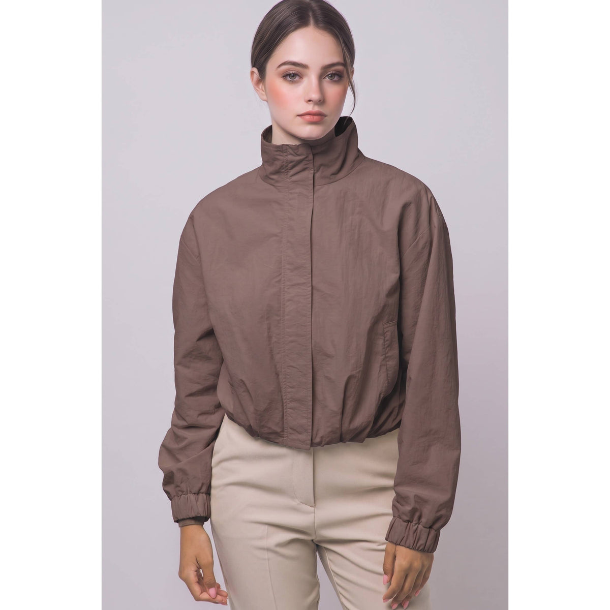 Cropped Nylon Windbreaker Jacket
