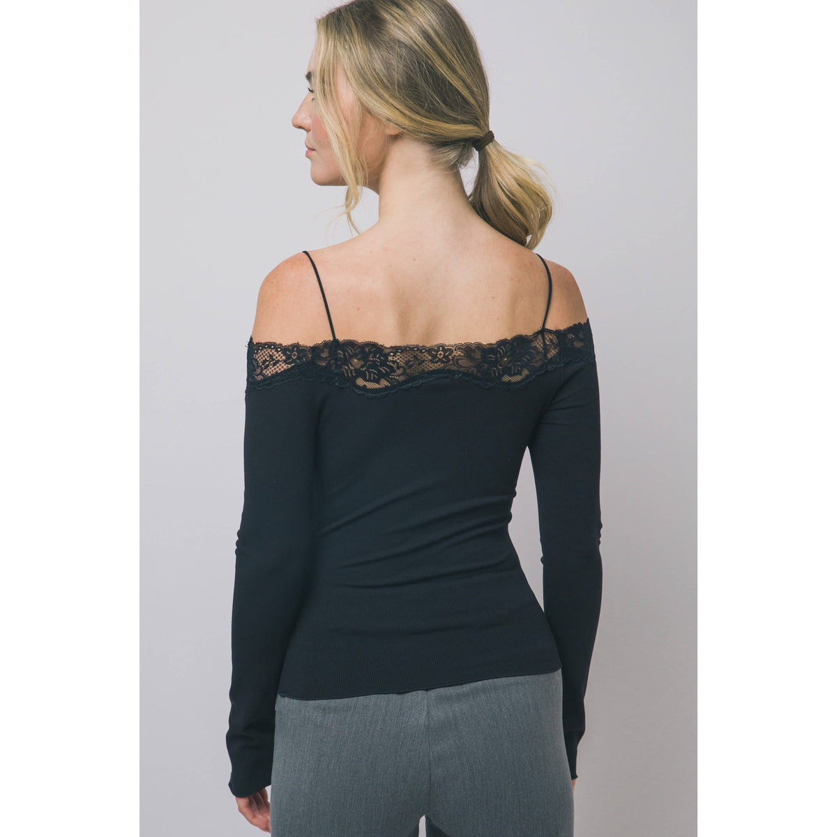 Lace-Trim Off-The-Shoulder Long-Sleeve Top: BLACK